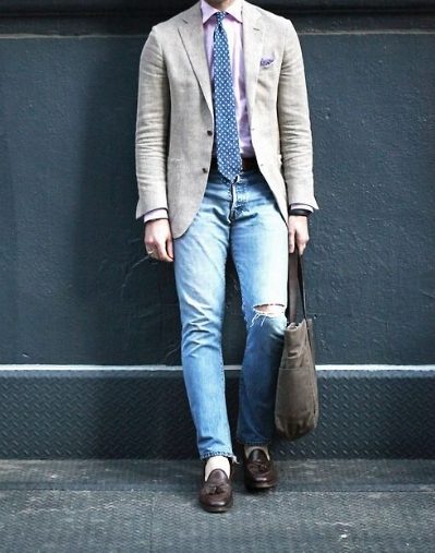 Shirt With Tie, Vest, And Ripped Jeans