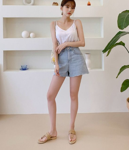  Camisoles, Light Blue Short Jeans, And Sandals