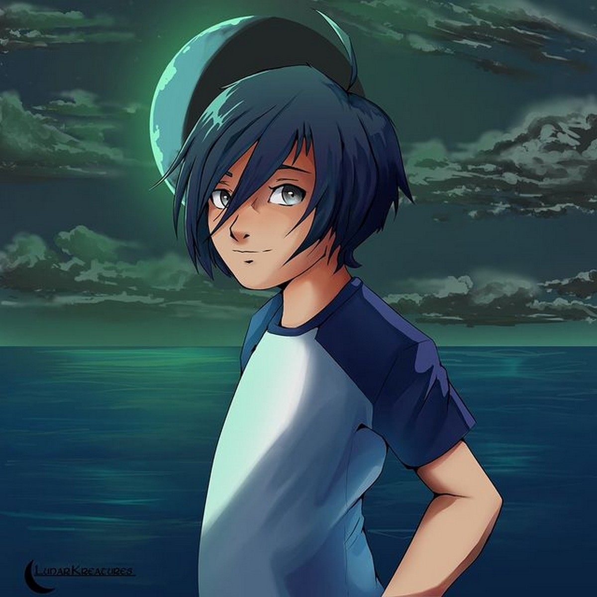 male anime character short, light neon blue hair go... | OpenArt